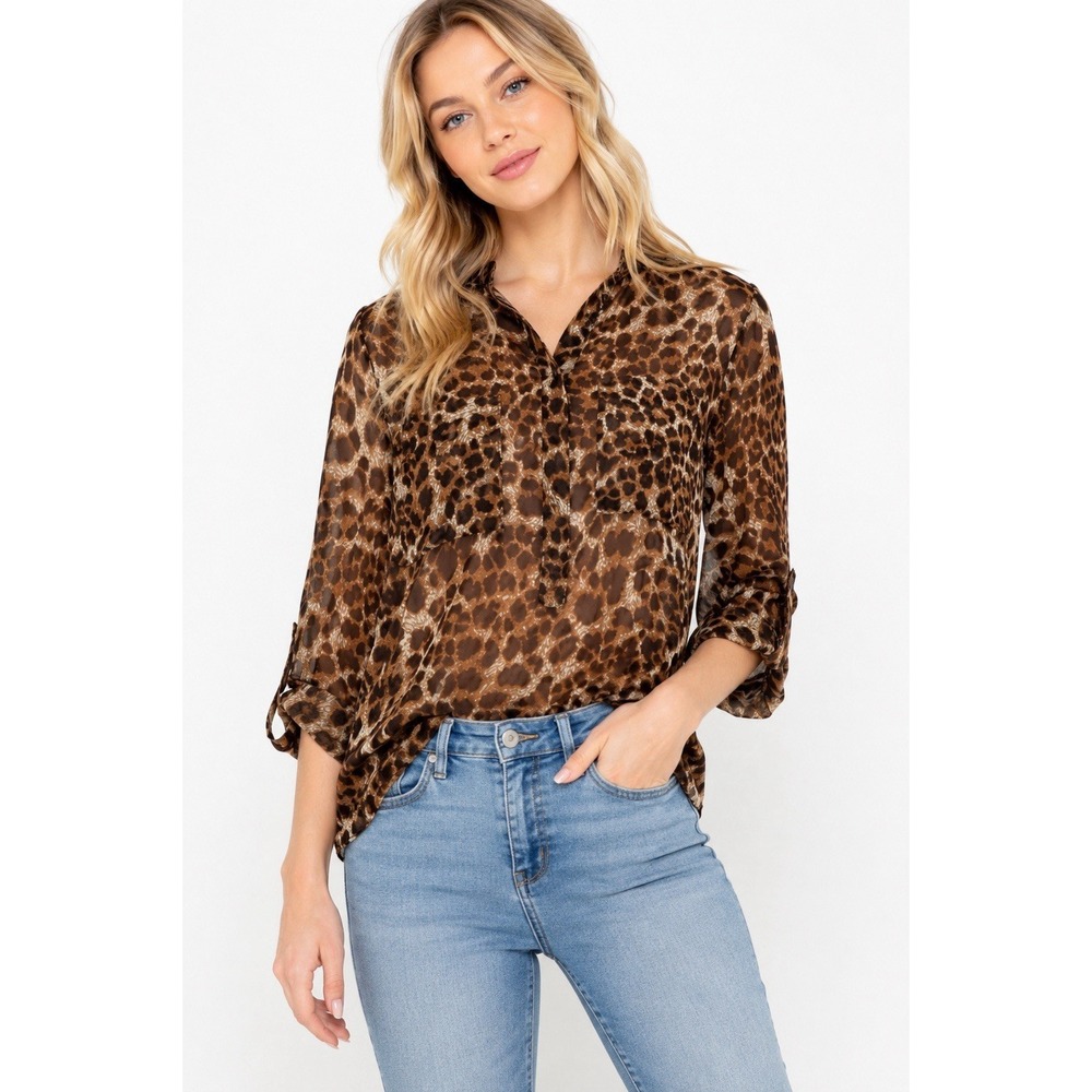 Jade Melody Tam Leopard Sheer‎ Chiffon Blouse L Dual Pocket Utility Popover